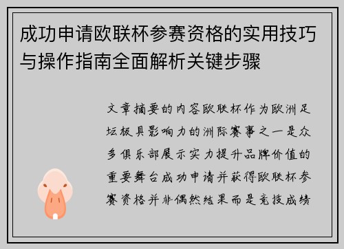 成功申请欧联杯参赛资格的实用技巧与操作指南全面解析关键步骤